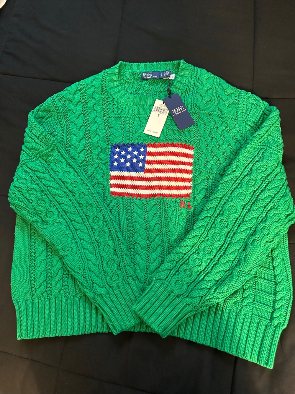 Ralph Lauren Bright Green Cable-Knit Sweater with American Flag